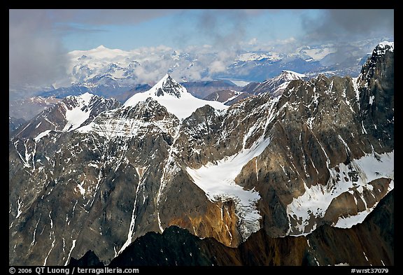 Aerial view of rocky peaks, University Range. Wrangell-St Elias National Park, Alaska, USA.