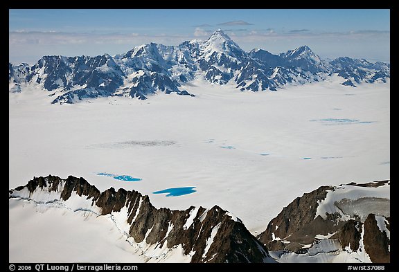Aerial view of snow-covered Bagley Field. Wrangell-St Elias National Park (color)