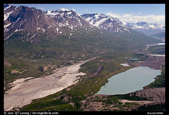 Aerial view of Ross Geen Lake and Granite Range. Wrangell-St Elias National Park, Alaska, USA.