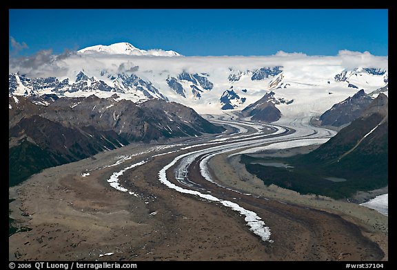 Aerial view of ice bands and moraines of Kennicott Glacier and Mt Blackburn. Wrangell-St Elias National Park, Alaska, USA.