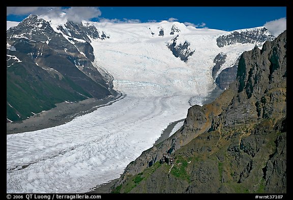Aerial view of Erie Mine on ridge above Root Glacier. Wrangell-St Elias National Park, Alaska, USA.