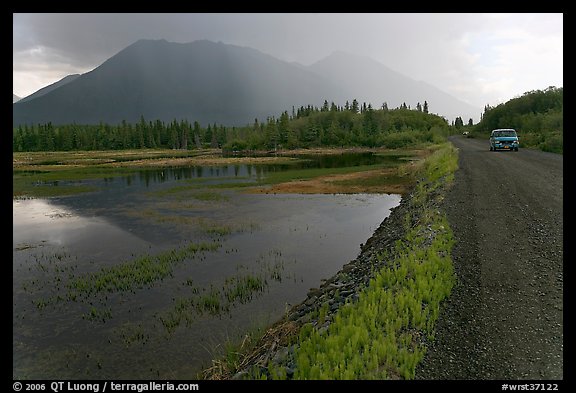 McCarthy Road and lake during afternoon storm. Wrangell-St Elias National Park (color)