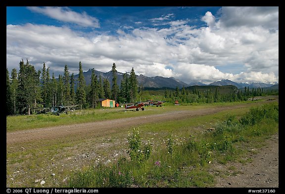 Airstrip at the end of Nabesna Road. Wrangell-St Elias National Park, Alaska, USA.