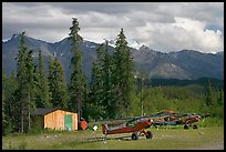 Bush planes at the end of Nabesna Road. Wrangell-St Elias National Park, Alaska, USA. (color)