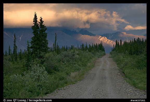 Nabena road at sunset with last light on mountains. Wrangell-St Elias National Park (color)