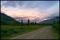 Nabena road at sunset. Wrangell-St Elias National Park, Alaska, USA. (color)