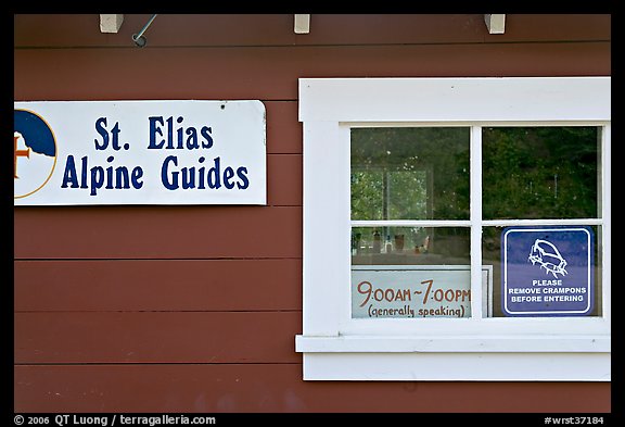 Mountain guide office with interesting signs. Wrangell-St Elias National Park, Alaska, USA.