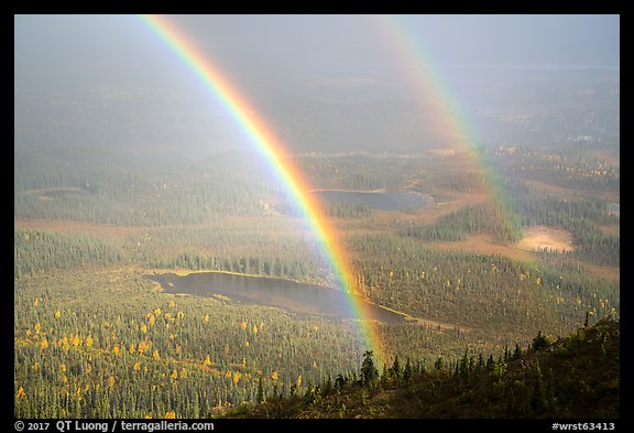 Double rainbow over lakes and tundra. Wrangell-St Elias National Park, Alaska, USA.
