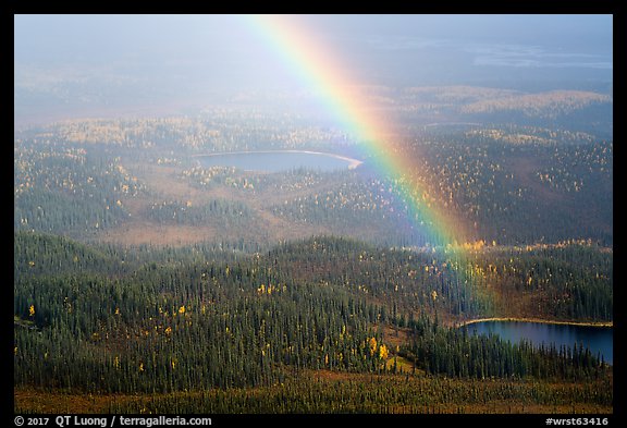 Rainbow and lakes from above. Wrangell-St Elias National Park, Alaska, USA.