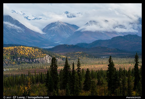 Snowy mountains above Nabesna River Valley. Wrangell-St Elias National Park, Alaska, USA.