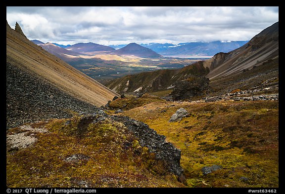 View over valley from Skookum Volcano. Wrangell-St Elias National Park, Alaska, USA.