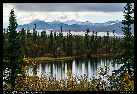 Rock Lake and Wrangell range in autumn. Wrangell-St Elias National Park, Alaska, USA.