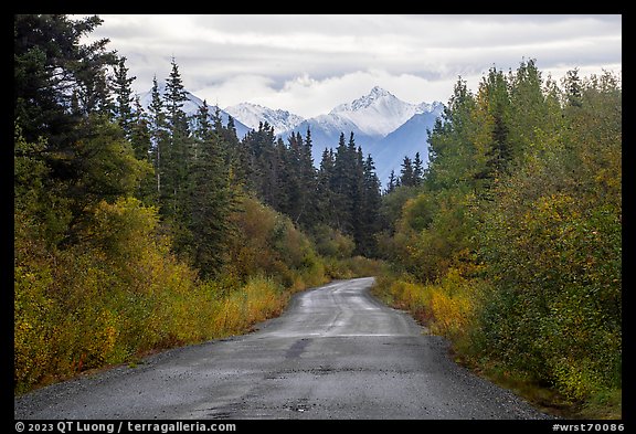 McCarthy Road in autumn and snowy peaks. Wrangell-St Elias National Park, Alaska, USA.