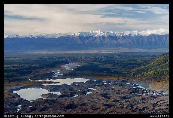 Lakes at the foot of glacier, Kennicott River, and Chugatch Range. Wrangell-St Elias National Park (color)