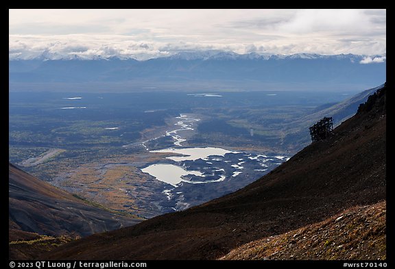Bonanza Mine aerial tram tower, Root Glacier lakes, and Chugach Mountains. Wrangell-St Elias National Park, Alaska, USA.