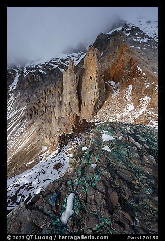 Copper deposits, and pinnacles below Bonanza Peak. Wrangell-St Elias National Park (color)