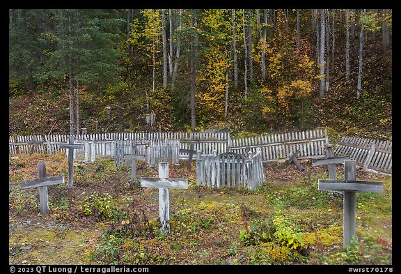 Wooden crosses and picket fences, Kennecott cemetery. Wrangell-St Elias National Park, Alaska, USA.