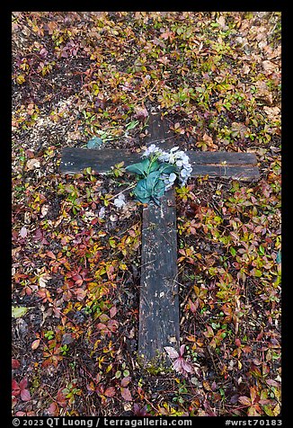 Wooden cross on the ground, Kennecott cemetery. Wrangell-St Elias National Park (color)