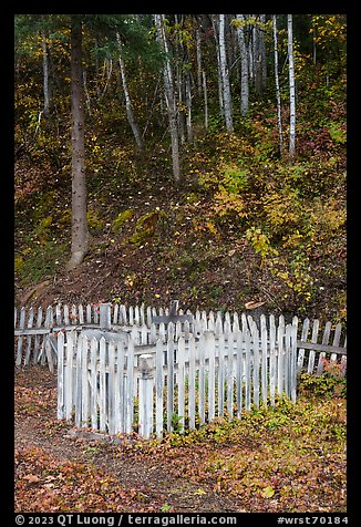 White picket fence and hillside, Kennecott cemetery. Wrangell-St Elias National Park (color)