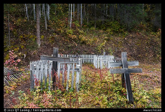 Weathered wooden crosses and fences, Kennecott cemetery. Wrangell-St Elias National Park, Alaska, USA.