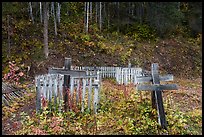 Weathered wooden crosses and fences, Kennecott cemetery. Wrangell-St Elias National Park ( color)