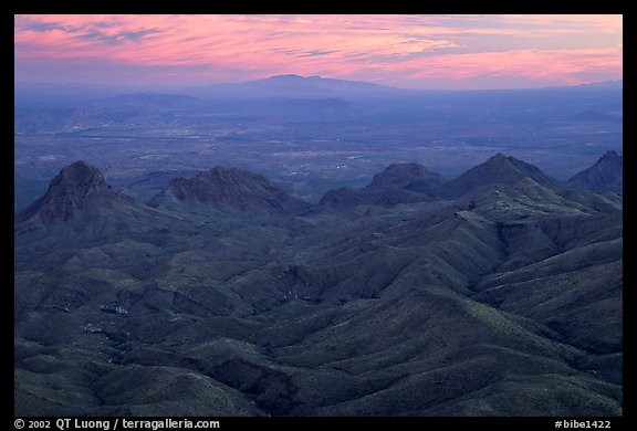 View from South Rim over bare mountains, sunset. Big Bend National Park, Texas, USA.