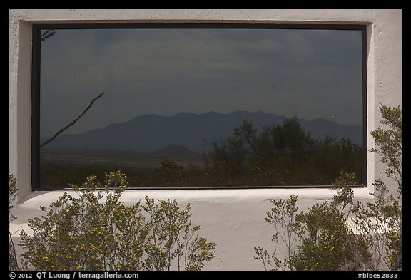 Chisos mountains, Persimmon Gap visitor center window reflexion. Big Bend National Park (color)