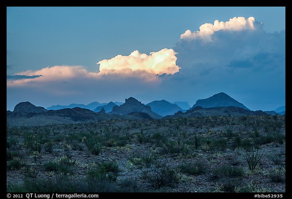 Dark desert landscape with last light falling on clouds. Big Bend National Park (color)