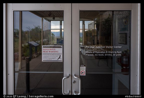 Interpretive signs window reflexion, Panther Junction Visitor Center. Big Bend National Park (color)