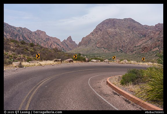 Chisos Basin Road and the notch of the distant Window. Big Bend National Park (color)