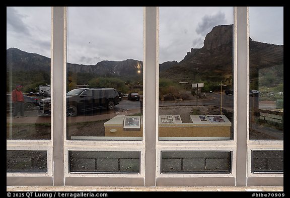 Casa Grande window reflexion, Chisos Basin Visitor Center. Big Bend National Park (color)