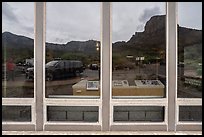 Casa Grande window reflexion, Chisos Basin Visitor Center. Big Bend National Park ( color)