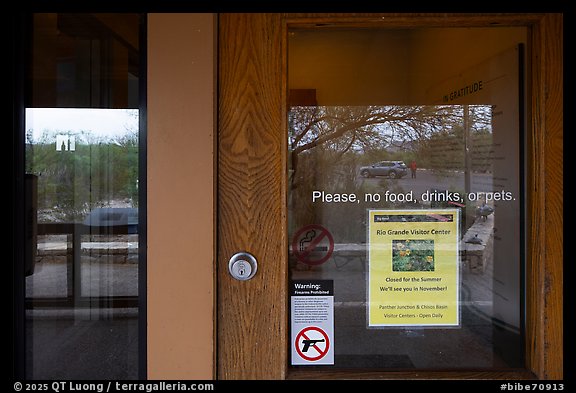 Parking lot window reflexion,  Rio Grande Village Visitor Center. Big Bend National Park (color)