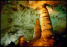 Six-story tall colum and stalagmites in Hall of Giants. Carlsbad Caverns National Park, New Mexico, USA. (color)