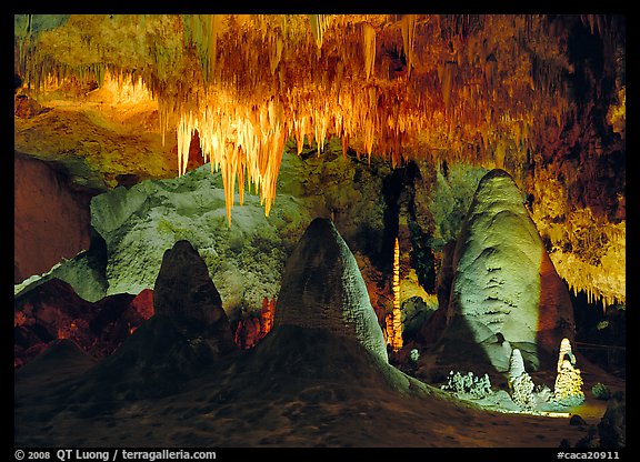 Stalagtite chandelier and stubby stalagmites. Carlsbad Caverns National Park (color)