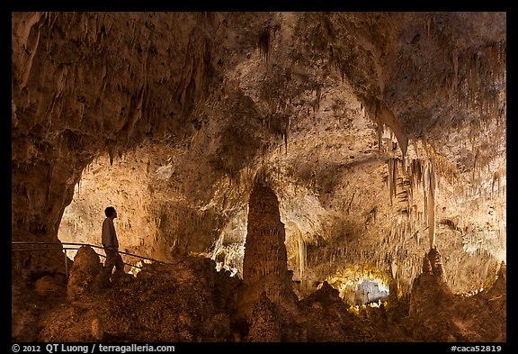 Park visitor looking, cave room. Carlsbad Caverns National Park (color)