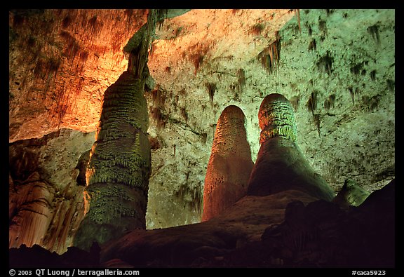 Tall columns in Hall of Giants. Carlsbad Caverns National Park (color)