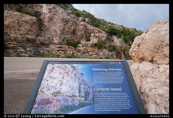 Tilted limestone and sandstone layers interpretive sign. Carlsbad Caverns National Park (color)