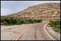 Carlsbad Caverns Highway curving toward cliffs layered with pale limestone. Carlsbad Caverns National Park ( color)