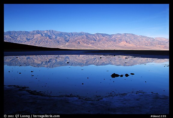 Panamint range reflection in Badwater pond, early morning. Death Valley National Park (color)