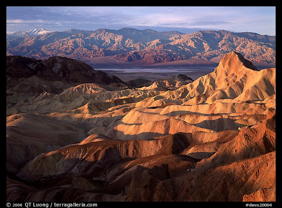 Badlands, Valley, and Telescope Peak from Zabriskie Point,  winter sunrise. Death Valley National Park (color)