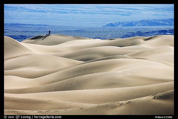 Dune ridges with photographer in the distance, Mesquite Sand Dunes, morning. Death Valley National Park (color)