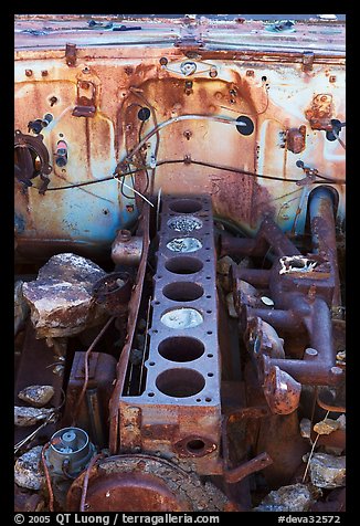 Engine of rusted car near Aguereberry camp. Death Valley National Park (color)