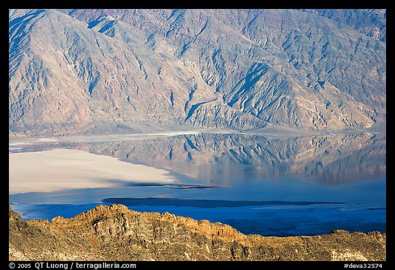 Rare seasonal lake on Death Valley floor and Black range, seen from above, late afternoon. Death Valley National Park (color)