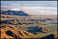 Eroded hills and salt pan from Aguereberry point, early morning. Death Valley National Park, California, USA.