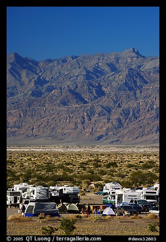 Camp and RVs at Stovepipe Wells, with Armagosa Mountains in the background. Death Valley National Park (color)