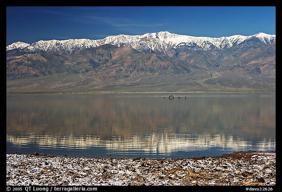 Panamint Range, salt formations, and Manly Lake with Loch Ness Monster. Death Valley National Park (color)