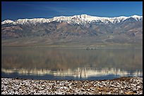 Panamint Range, salt formations, and Manly Lake with Loch Ness Monster. Death Valley National Park, California, USA.