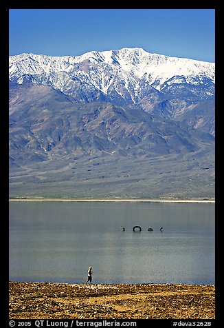 Tourist, ephemeral Loch Ness Monster in Manly Lake, and Telescope Peak. Death Valley National Park (color)