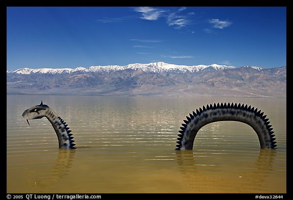 Loch Ness Monster art installation in Manly Lake and Panamint range. Death Valley National Park (color)